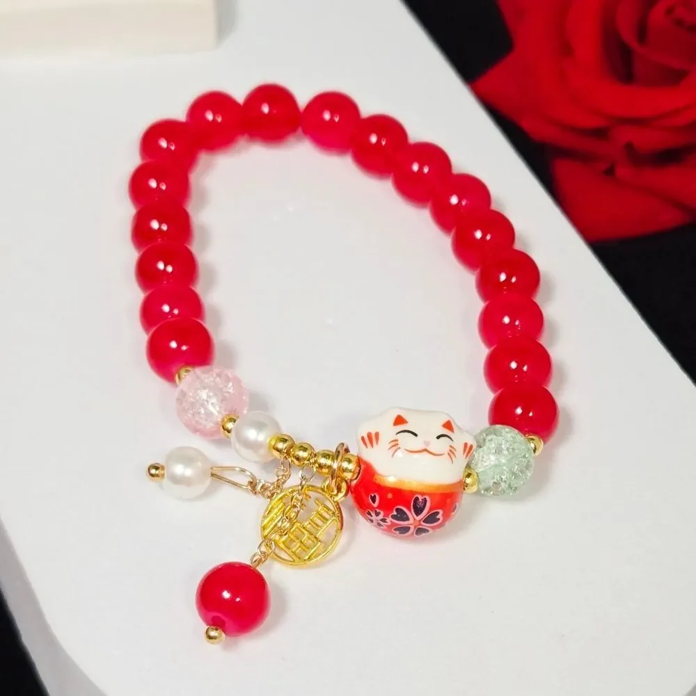 Lucky Waving Cat Red Beaded Bracelet 🐱 Chinese New Year Kawaii Charm Gift